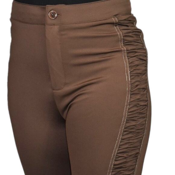 Maniere de Voir Pants Brown Ruched Side Ankle Zip Straight High Waist Straight 4 - Picture 4 of 16